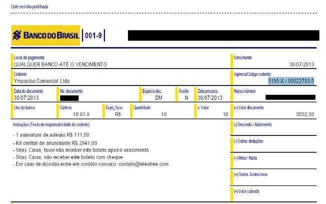  Reprodução Boleto da Telexfree com cobrança de R$ 3.052,50 por 'assinatura de adesão' e 'kit central de anunciante'