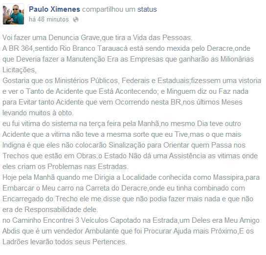Denuncia de Ximenez em sua página no Facebook