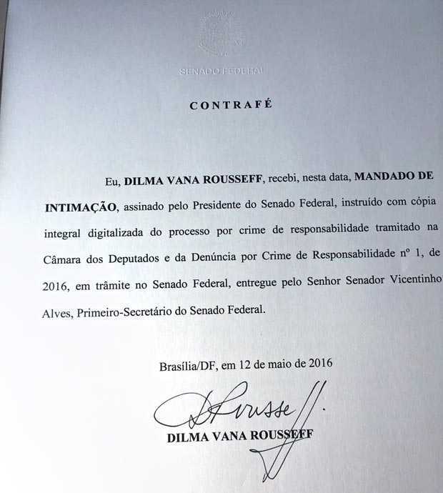 Notificação de afastamento assinada por Dilma Rosseff nesta quinta (12)