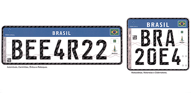 Placas para automóveis, caminhões, ônibus e reboques (à esquerda) e motos: emblema do Mercosul, nome e bandeira do país, bandeira do Estado e brasão da cidade, faixa holográfica, código 2D e marcas de segurança diferenciam novos modelos