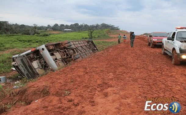 De acordo com informações o vento forte teria empurrado o ônibus que pesa toneladas em direção a margem da estrada que ainda passa pelo serviço de terraplanagem com o peso barro solto não suportou e cedeu fazendo com que o ônibus tombasse em uma ribanceira ferido com todos os passageiros, entre crianças, jovens adultos e idosos. Fotos: Ecos da Notícia
