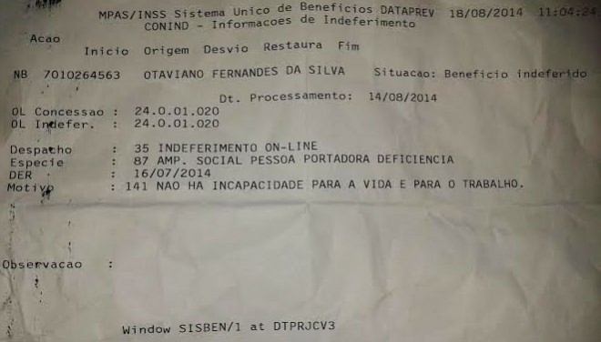 INSS indefere pedido de Otaviano Fernandes da Silva