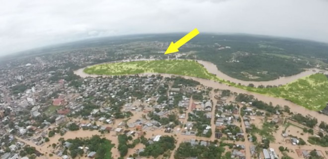 Parte amarela mostra bairros completamente tomados pelo Rio Acre deixando mais de 400 famílias desabrigadas - Foto: Alexandre Lima