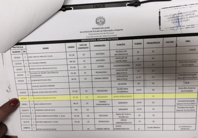 Professora Rosimari enviou foto de seu contrato onde mostra que sua matrícula no SEDUP é nº 2 e que a nº 1 é da Escola em Epitaciolândia.