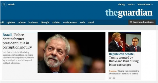 Um dos mais renomados diários britânicos, a manchete do The Guardian diz que a polícia deteve o ex-presidente Lula em operação contra a corrupção Foto: Reprodução 