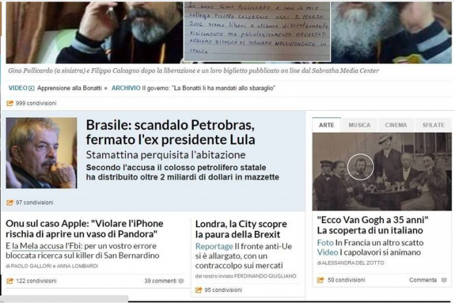  A notícia também repercutiu na Itália. O jornal La Republica deu destaque para o assunto em sua página principal Foto: Reprodução 