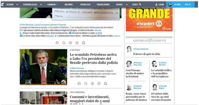 Também italiano, o jornal Corriere de la Sierra cita as "medidas coercivas para obrigar o ex-líder a depor como parte da mega investigação anti-corrupção 'Lava Jato'" Foto: Reprodução 